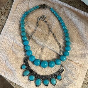 Turquoise colored Beaded Statement Necklace set - Women's Blue Fashion Jewelry
